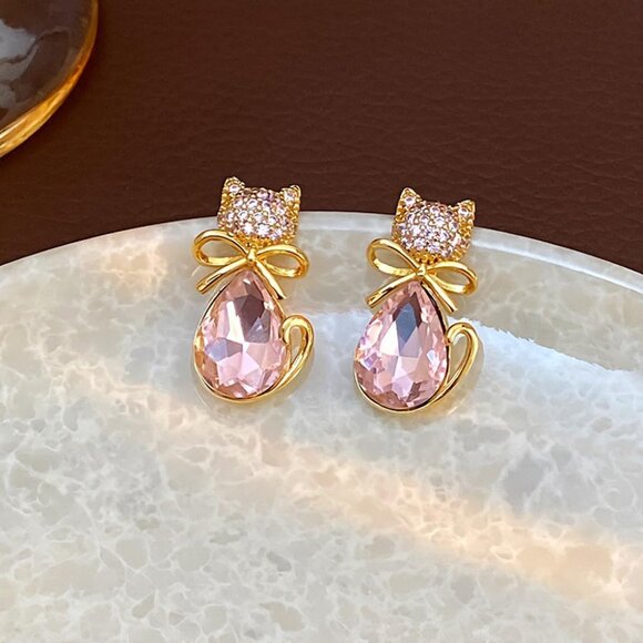 Elegant Pink Cubic Zirconia Cat Earrings for Women - Hypoallergenic Sterling Sil - Picture 4 of 6